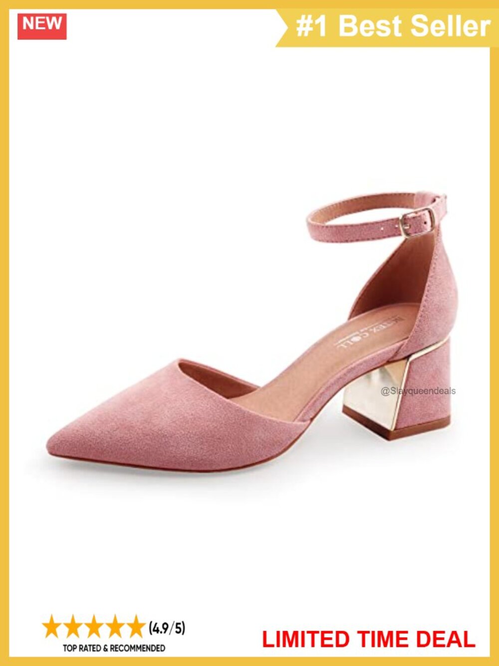 Womens Pointed Toe Pumps Ankle Strap Chunky Low Heels Faux Suede Metal Lined
